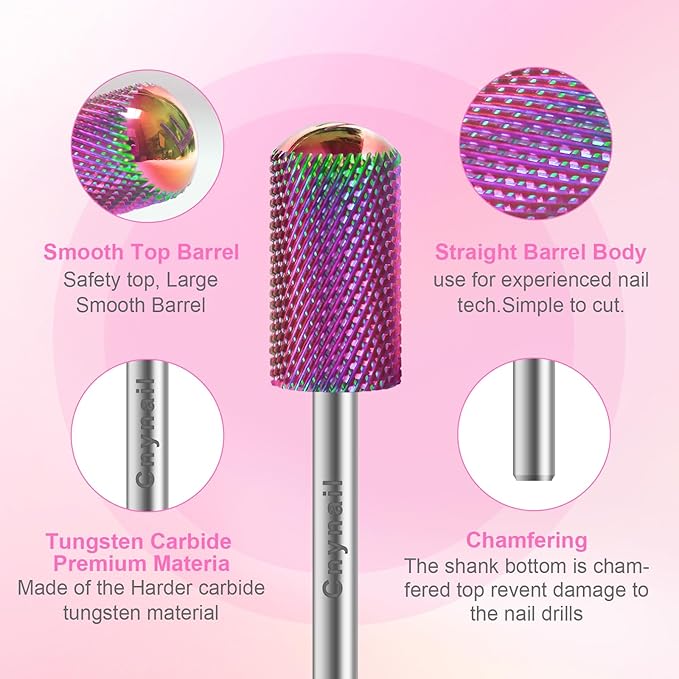 3/32" 2PCS Large Barrel Smooth Round Top Tungsten Carbide Nail Drill Bit Safety Bit for Gel & Acrylic Removal, 2-Way Rotating Efile Tip, Salon Electric File Accessory (F Grit, Multicolor)