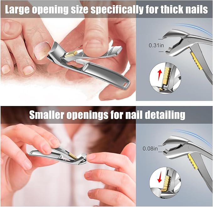 Nail Clippers for Seniors Thick Toenails, Professional Fingernail Toenail Clippers with Catcher, Sharp Wide Opening and Long Handle Nail Cutter Set for Men Women, Silver