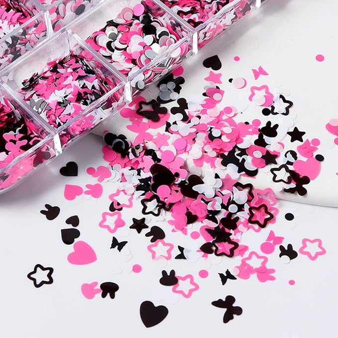 Holographic Nail Art Glitter Sequins, 3D Pink Black Glitter Flakes Nail Art Designs, Love Heart Butterfly Star Floral Acrylic Nails Supplies for Women Girls Manicure Decorations DIY Shiny Nails Crafts