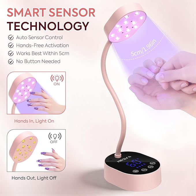 UV LED Nail Lamp, Cordless Gooseneck Mini Flash Cure UV Lamp for Gel X Nails, 36W Portable USB Rechargeable Nail Dryer with Auto Sensor, 4 Timers & LCD Display for DIY Home Manicure (Pink)