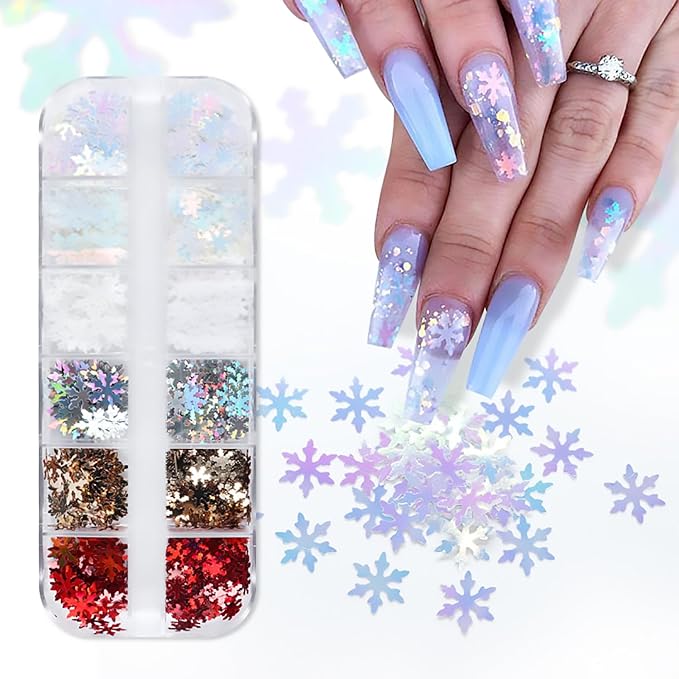 12 Grids Christmas Nail Art Glitter Sequins 3D Holographic Winter Snowflake Nail Art Glitter Flakes Red Gold Silver White Snowflake Designs Xmas Nail Decorations for Acrylic Nails Supplies
