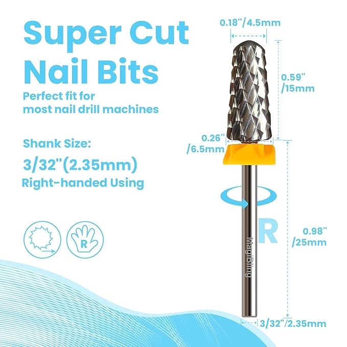 Super Cut Tapered Barrel 3/32'' Safety Tungsten Nail Drill Bits, Remove Gel Fast, Right handed, Suitable for Manicure Pedicure Cuticle Gel Polishing, Technicians Bits, Grit: Double Coarse.
