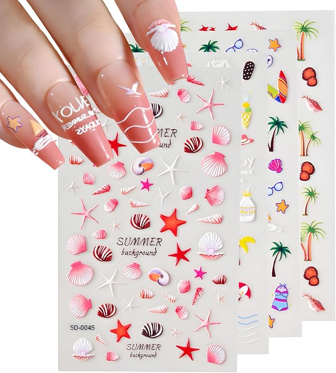 4Sheets Embossed Nail Stickers - Summer Starfish Nail Decals, Ocean Design for Acrylic Nails, Beach Shell Supplies for Women & Girls
