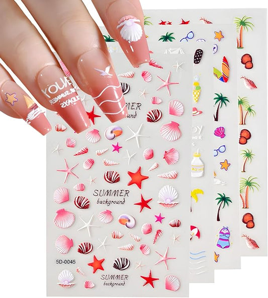 4Sheets Embossed Nail Stickers - Summer Starfish Nail Decals, Ocean Design for Acrylic Nails, Beach Shell Supplies for Women & Girls