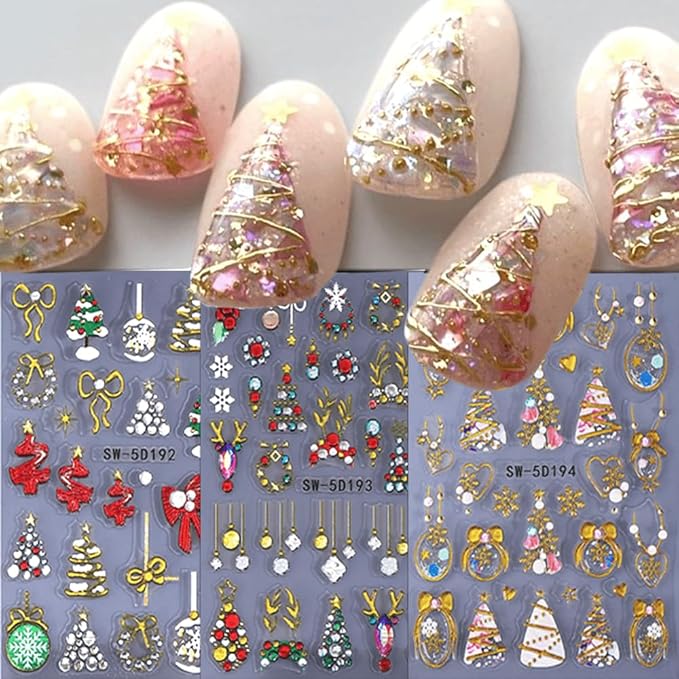Christmas Nail Stickers Red Bow Glitter Diamond Sticker Decals DIY Self Adhesive Gold Christmas Tree Lights Snowflake Design Nail Decoration Supplies Holiday Manicure Accessories for Women Girls 3Pcs