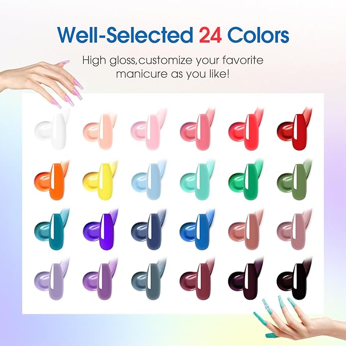 ROSALIND Poly Nail Gel Kit -24 Colors with Accessories Neon Poly Nails Gel Starter Kit with Slip Solution Mini UV Lamp Base Top Coat, Halloween All Seasons Classic Colors Poly Extension Gels Nails Kit
