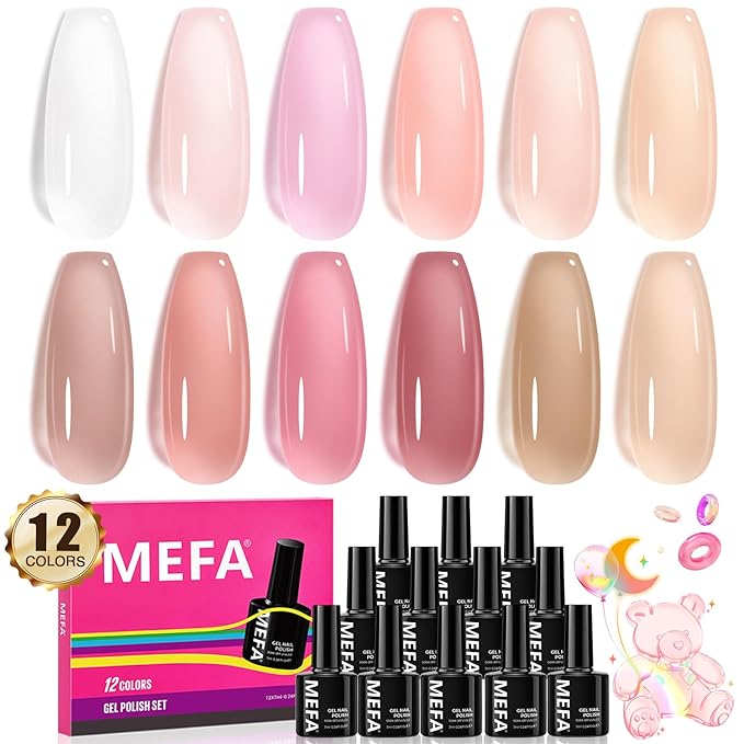 MEFA Jelly Gel Nail Polish Set, 12 Colors Nude Pink Milky White Sheer Nail Polish Neutral Transparent Gel Nail Soak Off DIY Nail Art Home Salon Manicure Gifts for Girls