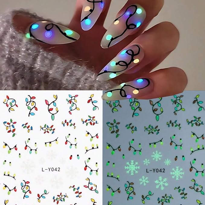 Christmas Nail Art Stickers Decals Glow in The Dark Colorful Light Christmas Nail Stickers 6PCS Gingerbread Man Snowflake Santa Claus Tree Self-Adhesive Luminous Xmas Nail Decals Supply for Women