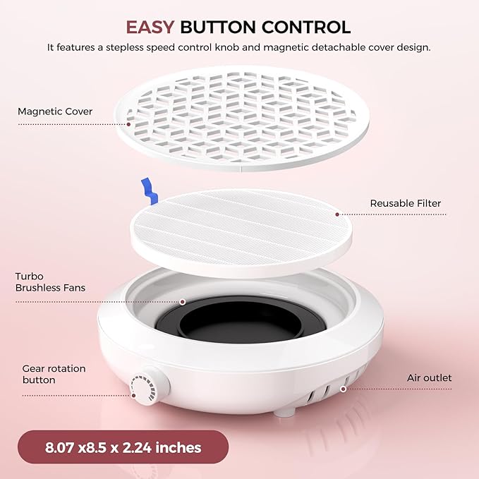 Nail Dust Collector for Nail Tech & Acrylic Nail Polishing - 8000RPM Ultra-Quiet, 1800PA Suction with Magnetic Washable Filter, Portable for Salon, Home DIY & Crafts