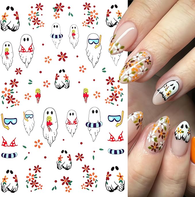 8 Sheets Halloween Nail Art Stickers Decals Ghost Pumpkin Nail Decals 3D Self-Adhesive Pink Mushroom Flower Ghost Nail Supplies Nail Decorations Gothic Nail Sticker for Women Halloween Party