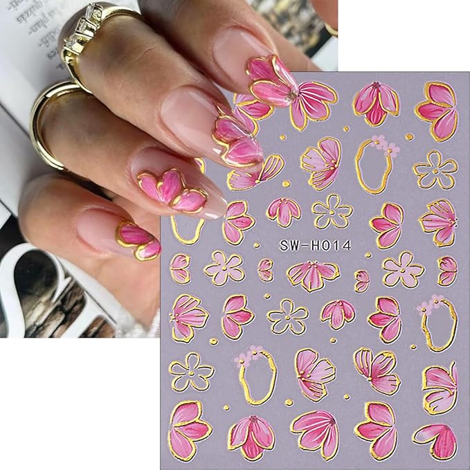 6Pcs Flower Nail Stickers for Nail Art Elegant Floral Nail Decals 3D Self-Adhesive Colorful Blossom Flower Nail Art Stickers Gold Bow Nail Supplies Spring Nail Decoration Accessories for Women Girls