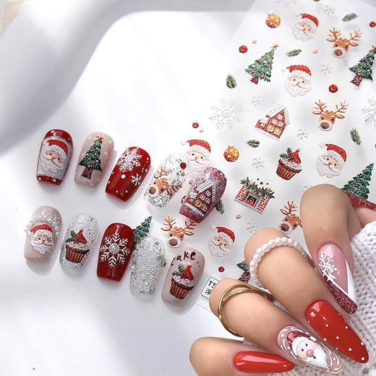 1Sheet Christmas Nail Art Stickers 5D Embossed Cute Santa Claus Elk Designs Nail Decals Self-Adhesive Xmas Tree Snowflake Nail Stickers Christmas House Cake Nail Decal for Women Nails Decoration