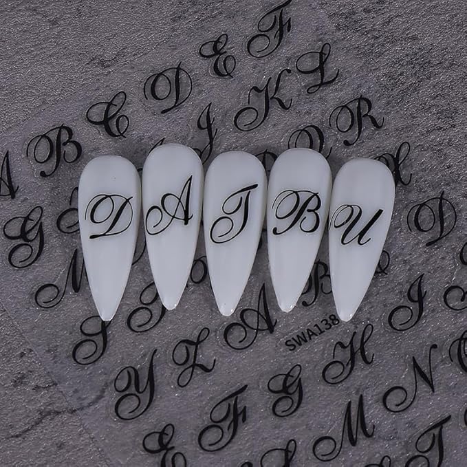 6 Sheets Gothic Nail Art Sticker Decals, Russian Letters Notes Nail Stickers Holiday Nail Decals for Nail Art Black Graffiti Style Design Nail Supplies Elegant Self Adhesive Decals for Women Decor