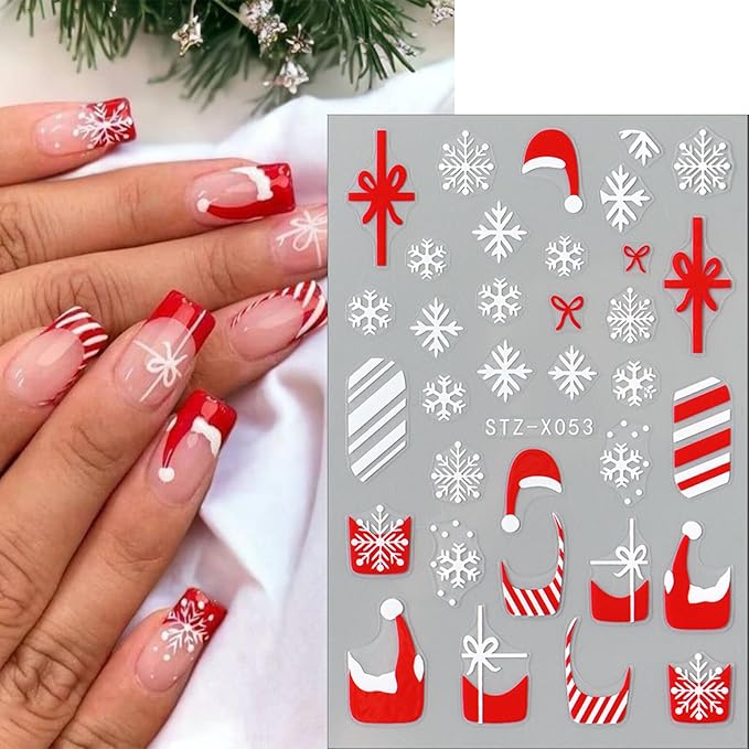French Snowflake Christmas Bow Nail Art Stickers 3D Embossed Gingerbread Man Christmas Hat Cute Elk Acrylic Nail Decals Women Girls DIY Nail Salon 6 Sheets