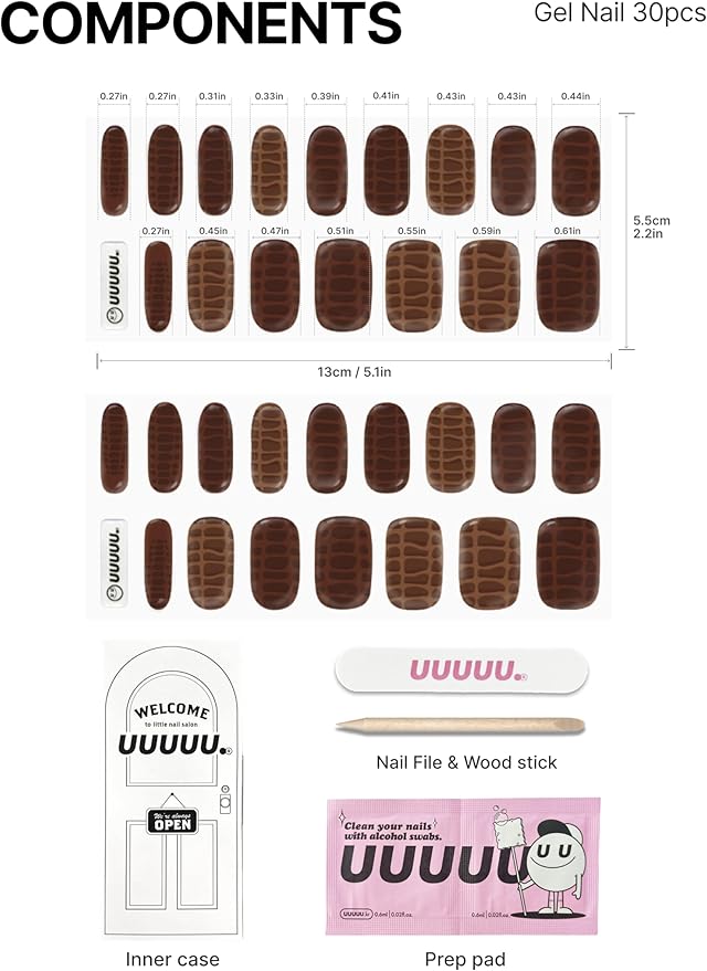 UUUUUU Semi Cured Gel Nail Strips | Salon-Quality | UV Free Gel Nail Wraps for Women | Easy Peel&Stick | Long-Lasting up to 14 Days | 28 Strips Set+File & Wipes | Gift-Ready (UGN100 Guccimay Kim)