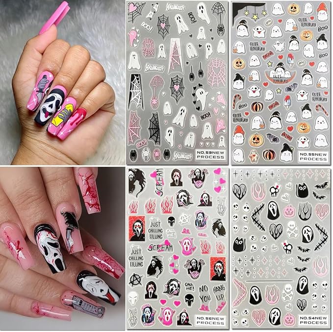 6 Sheets Halloween Nail Art Stickers Gothic Ghost Nail Decals Skull Pumpkin Spider Nail Design Horror Nail Stickers 3D Self-Adhesive Acrylic Nail Art Supplies for Women Girls DIY Halloween Manicure