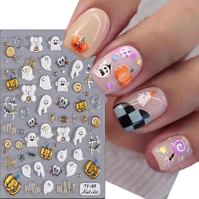 2Sheets 5D Cute Ghost Nail Art Stickers Embossed Cartoon Skull Bat Pumpkin Nail Decals Spooky Halloween Nail Stickers Fall Holiday Nail Design Decals Decoration for Women DIY Manicure Supplies