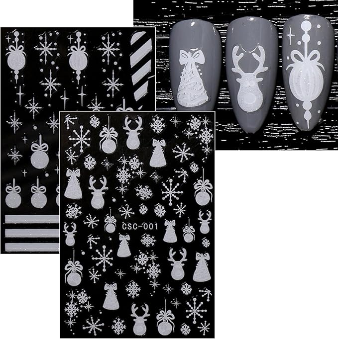 JMEOWIO 8 Sheets Christmas Glitter Nail Art Stickers Decals Self-Adhesive Cute Snowflake Winter Holiday White Nail Supplies Nail Art Design Decoration Accessories