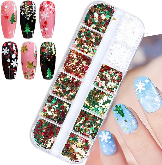 Christmas Glitter Nail Art Sequins, 3D Christmas Tree Snowflakes Love Heart Stars Circle Nail Sparkly Flakes Design Supplies for Women Girls Manicure Holiday Decorations, Xmas Resin Nail Art Tips