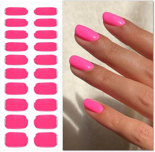 JMEOWIO Gel Nail Stickers Bright Pink Semi Cured Gel Nail Strips Wraps UV/LED Nails Art Design Decoration Accessories