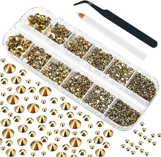 4010pcs Mine Gold Nail Art Rhinestones Kit Makeup Glue Fix Flatback Rhinestones Metallic Golden Nail Charms 6 Sizes (1.6-6.1mm) Up to SS30 Round Nail Gems Stones w Picking Pen for Nail Eye Face Makeup