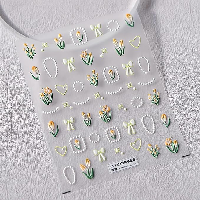Flower Nail Stickers 5D Embossed Nail Art Stickers Decals Self-Adhesive Tulips Floral Bows Spring Summer Nail Art Design Decoration Accessories(1, Tupis)