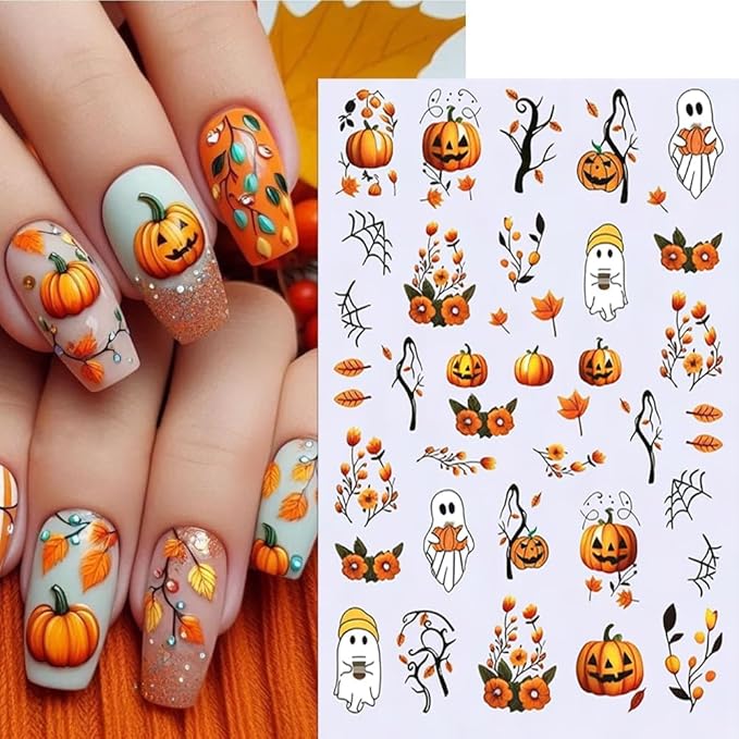 Halloween Nail Stickers Pumpkin Ghost Nail Art Stickers DIY Self Adhesive Nail Decals Cat Bat Mushroom Ghost Design Sticker Nail Decoration Supplies Holiday Manicure Accessories for Women Girls 6Pcs