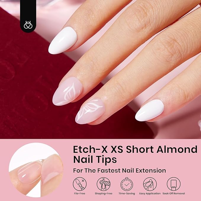 Beetles Extra Short Almond Nail Tips, 12 Sizes 288 PCS Pre-Shaped Clear Full Cover Etch Gel Nail Tips Clear Acrylic Nails Glue on Nails for Girls Women Nail Art Design,Nail Glue Needed
