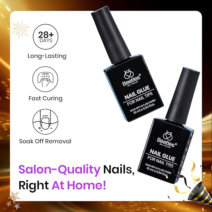 Beetles 9 in 1 Gel Nail Glue for Acrylic Nails Tips, 2 Pcs 10ml Super Strong Nail Glue for Clear False Nails Tips Base Coat Rhinestones Blooming Art Christmas Nails Long Lasting U V Light Cure
