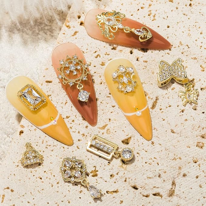 HNUIX Nail Charms and Gems - Gold Copper Zircon, Multiple Shapes, Metal Jewelry Rhinestones Charms, 24Piece