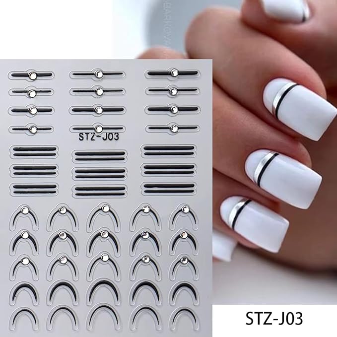 4 Sheets French Stripe Line Nail Stickers with Gold Silver Shiny Crystal Rhinestones,Metallic Stripe Lines Adhesive Design Nail Supplies French Sticker for Women Girls Luxury Manicure Decorations