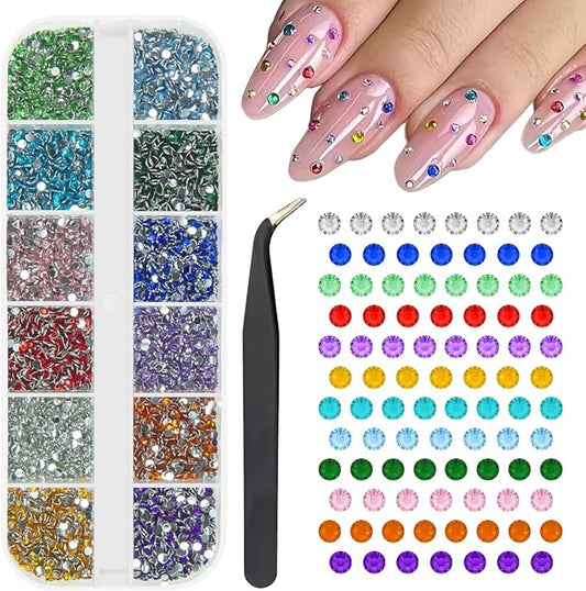 12 Colors 2mm Small Crystal Resin Rhinestones Rainbow Colorful Flatback Tiny Stones Gems Diamonds Crystals Charms for Nails Eyes Face Makeup Crafting Tumblers Bottles DIY Crafts Shoes Clothes