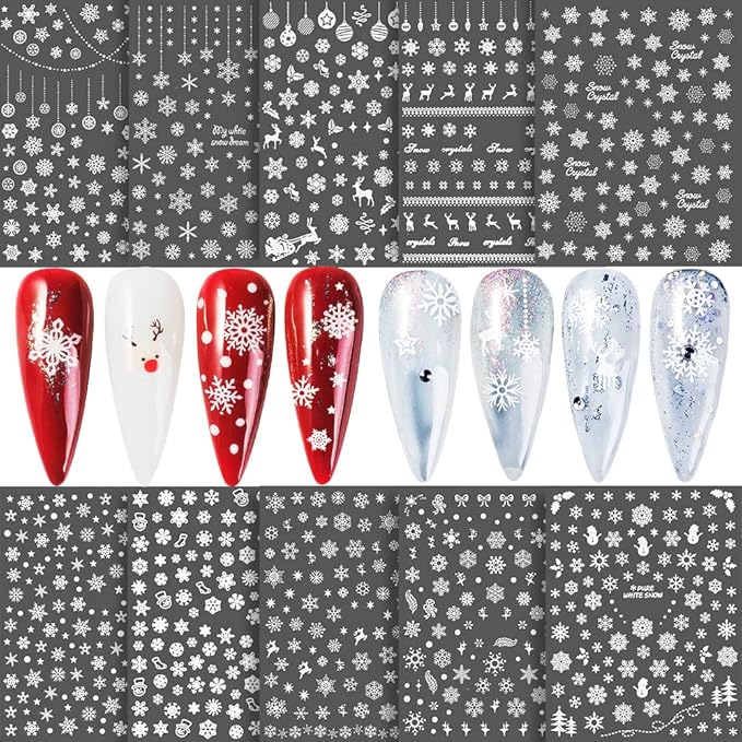 Snowflake Nail Stickers 10 Sheets Christmas Snowflake Nail Decals 3D Self-Adhesive Winter Theme Nail Sticker White Nail Art Design Decals DIY Nail Decoration Supplies for Women Girls