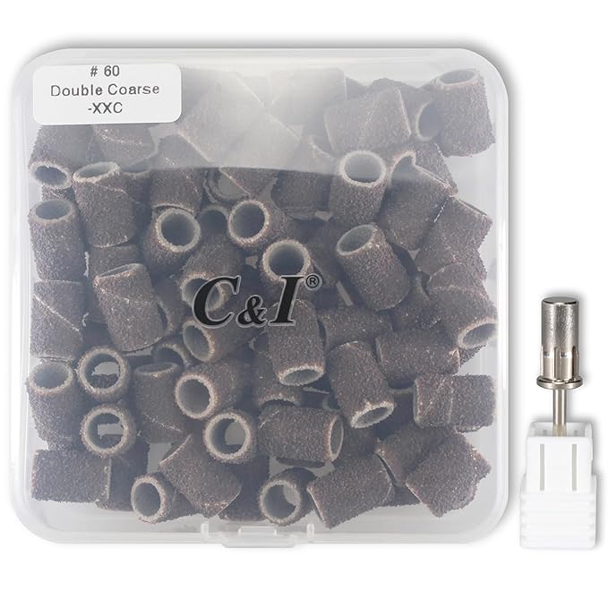 C & I Nail Sanding Bands 100 PCS Plus Upgrade Mandrel 1 PC, Nail Drill Bits for Acrylic Gel Nails Remove, Natural Nails Buffer for Nail Prep and Nail Shiner (Coffee, #60 Double Coarse)