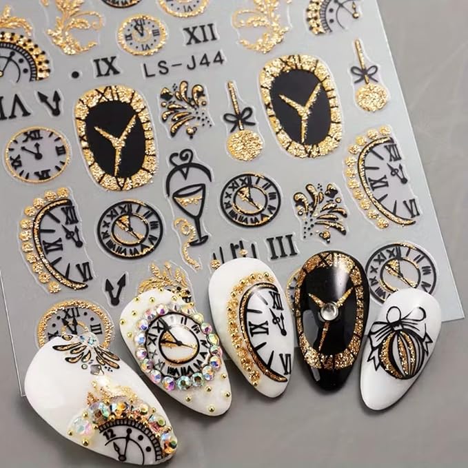 6PCS Clock Nail Art Stickers New Year Nail Decals 3D Self-Adhesive Gold Glitter Nail Stickers Clock Wine Glass Christmas Ball Fireworks Design Countdown Nails Supplies for Women Christmas Nails Decor