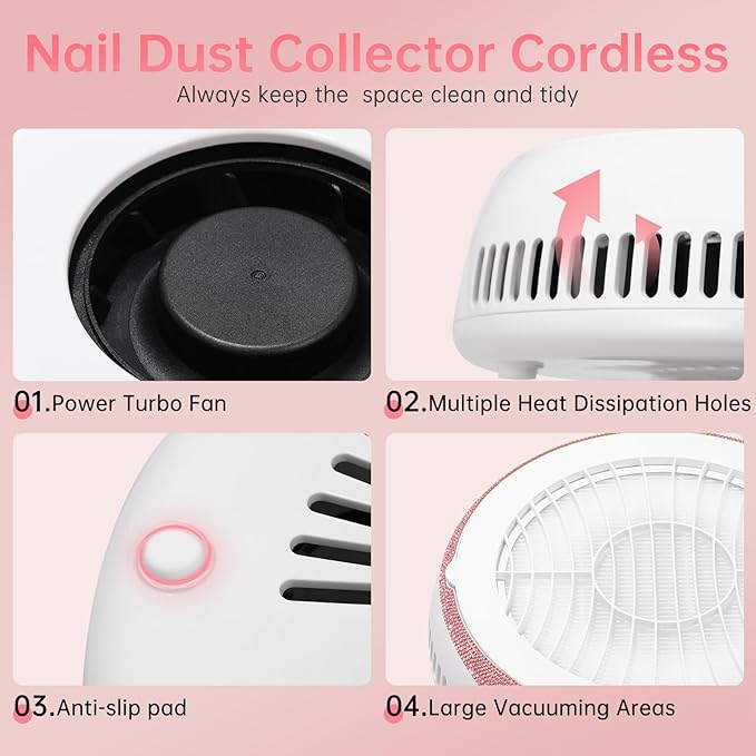 Nail Dust Collector, Cordless Dust Collector Nail Tech, Powerful Vacuum Fan Vent Dust Collector Extractor Dust Suction Machine for Acrylic Nails Polishing, Nail Salon&Home, Pink