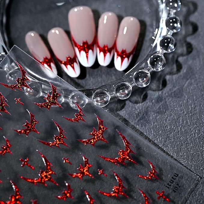 Halloween Nail Art Stickers Decals Red Glitter Bat Nail Stickers 3D Embossed Red Bling Bat Cross Gothic French Design Halloween Nail Decals Manicure Sliders for Women DIY Nail Art Decorations Supplies