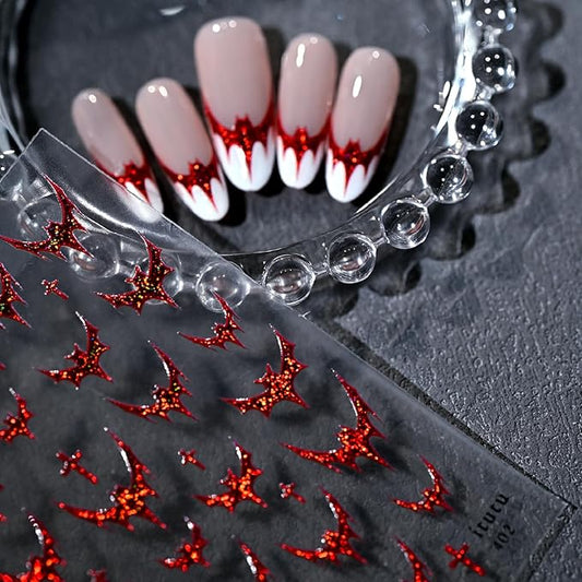 Halloween Nail Art Stickers Decals Red Glitter Bat Nail Stickers 3D Embossed Red Bling Bat Cross Gothic French Design Halloween Nail Decals Manicure Sliders for Women DIY Nail Art Decorations Supplies