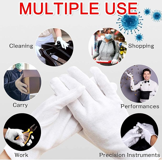 24pcs Soft Cotton Gloves for Dry Hands, Overnight Eczema Moisturizing Lotion Treatment Reusable Work Gloves for Coin Jewelry Silver Archival Costume Inspection (Medium, White)