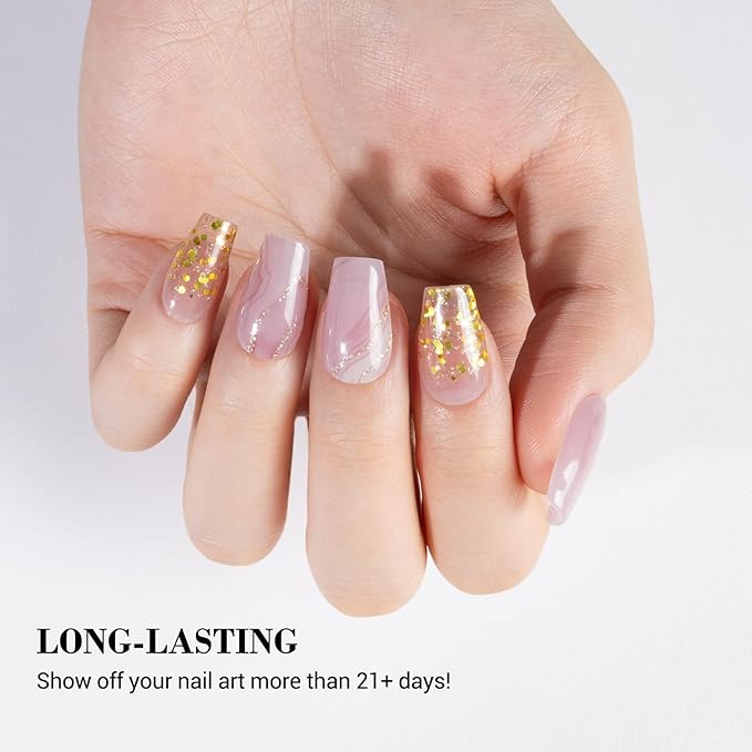 MelodySusie Semi Cured Gel Nail Strips (Pink Glitter Marble), Works with Nail lamp, Salon Quality, Long Lasting, Easy to Apply and Remove, Includes 20Pcs, 2 Prep Pads, Nail File and Wooden Stick