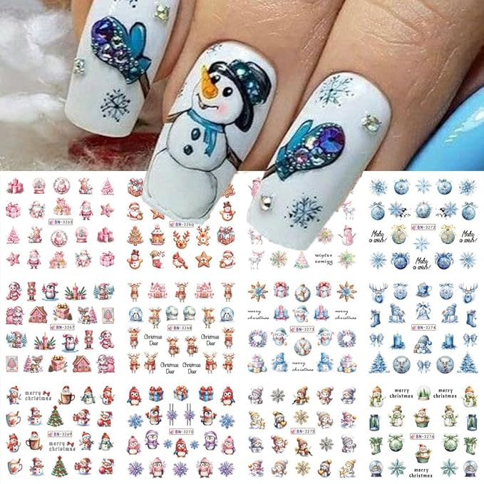 Christmas Nail Art Stickers Snowman Snowflake Water Transfer Nail Decals Xmas Winter Nail Art Decorations Cute Penguin Santa Claus Elk Gingerbread Man Gift Design Nail Foil Sticker for Women DIY Nails