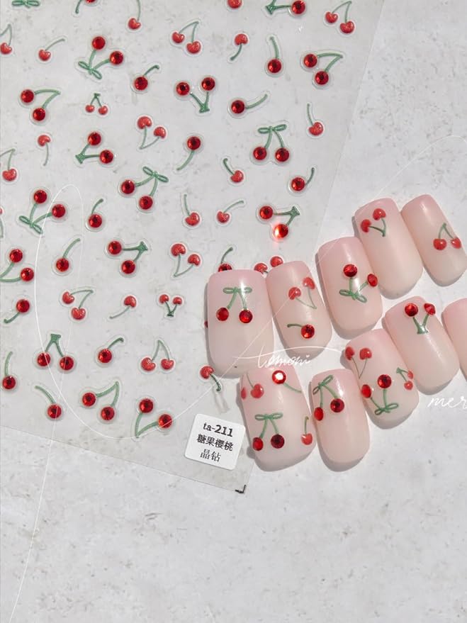 SoftSoul Cherry Nail Stickers, 5D Embossed Rhinestones - Premium Salon-Quality, Easy Application, Self-Adhesive French Tip Red Cherries for DIY Manicure Nail Art
