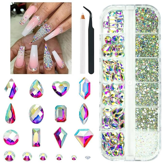 2052Pcs Crystal AB Nail Rhinestones AB Crystal Nail Charms 72 Multi Shapes Flatback Rhinestones Big Nail Art Gems +1980 Round Beads K9 Glass Stones Diamonds Jewels for Nails Faces Eyes Makeup