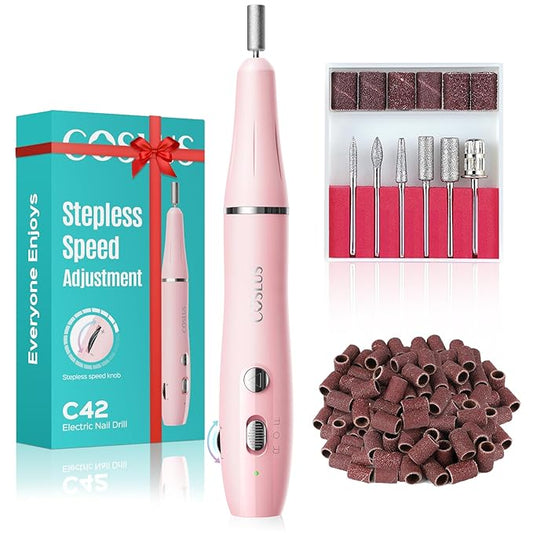 COSLUS Cordless Electric Nail Drill File: Nail Drill Machine with Stepless Speed Knob for Acrylic Gel Dip Powder Polish, Professional Portable Manicure Pedicure Rechargeable for Home Salon Use Pink