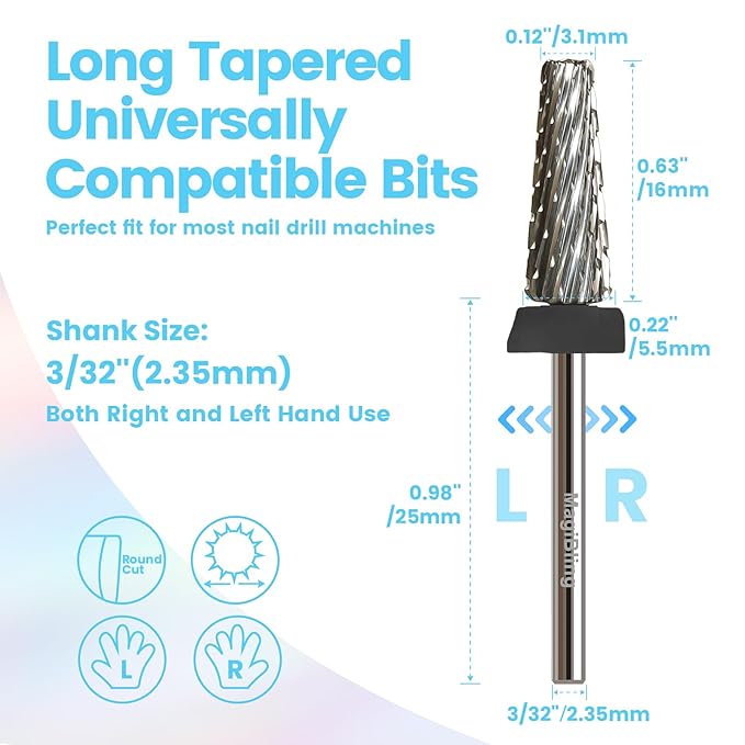 16mm 5 in 1 Tapered Barrel Nail Drill Bits, 3/32'' Safety Tungsten Carbide Bits, Right & Left Rotation, Manicure Cuticle Gel Acrylic Removal Polishing, Technicians Bits, Extra Coarse.