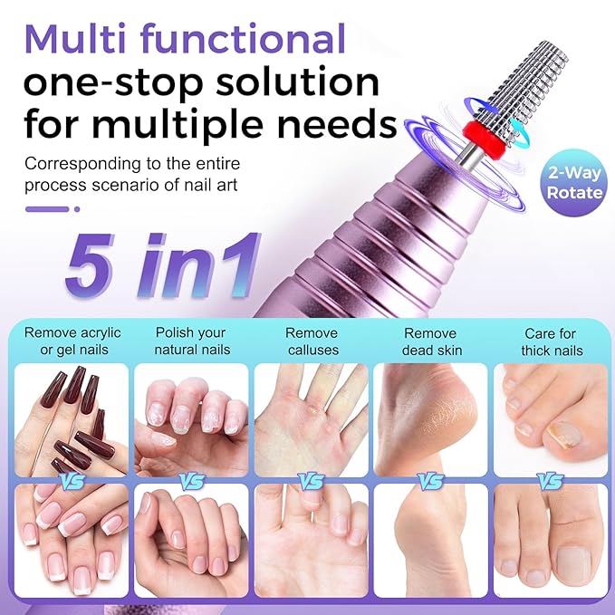 Fantexy 5 in 1 Nail Drill Bits,Professional 3/32" Shank Tungsten Steel Bits for Acrylic Nails,Manicure,Nail Art,Drill Machine,Both Left and Right Handed - Two Way Rotate Use (Fine - F)