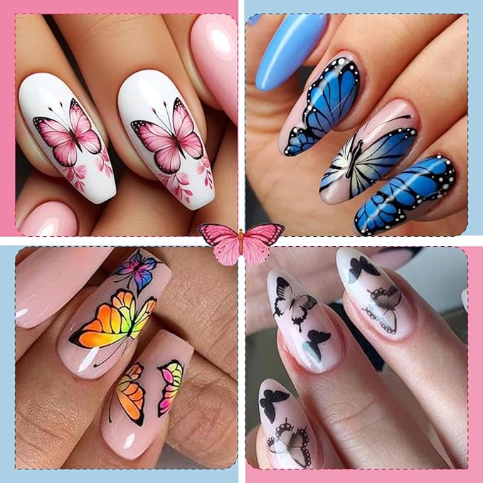12 Sheets Butterflies Nail Art Stickers, Self-Adhesive 3D Butterflies Wings Nail Decals, Variety Color Glitter Design Nail Decorations