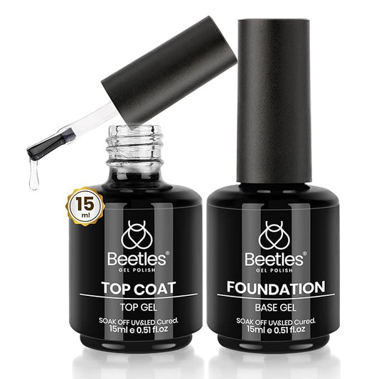 Beetles Gel Polish Base Gel Top Coat Set, 2Pcs 15ML Clear Base and No Wipe Top Coat Soak Off UV LED Glossy Shine Finish Long Lasting DIY Nail Salon Manicure Gift for Women