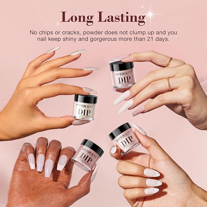 AZUREBEAUTY Dip Powder Nail Kit, 4 Colors Dipping Powder Nude Skin Glitter System Liquid Set Recycling Tray, French Nail Art Base & Top Coat Activator DIY Salon.
