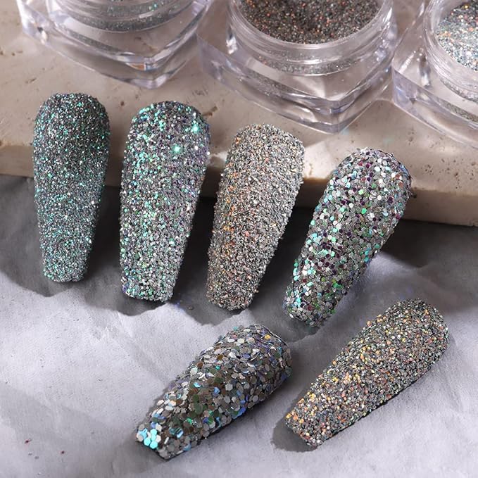 Reflective Nail Powder - 6 Boxes Sparkling Diamond Glitter for Nails, Iridescent Sequins, Holographic Super Bright Pigment Dust, Nail Art Decor